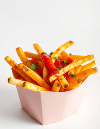 French fries with ketchup and parsley on a white background.