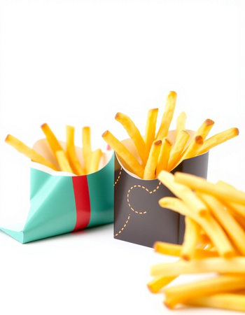 French fries in a paper box on a white background. Fast food.の写真素材