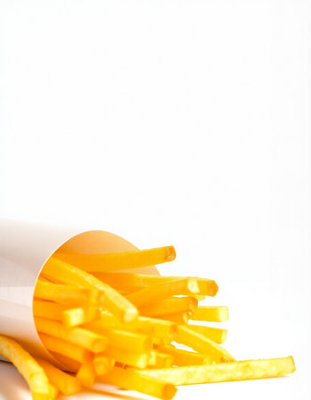French fries in a paper cup on a white background. Selective focus.の写真素材