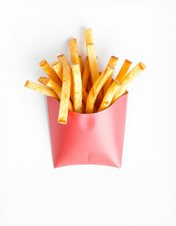 French fries in a red box isolated on white background, top viewの写真素材