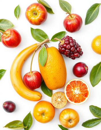 Fruits with leaves isolated on white background. Flat lay, top viewの写真素材