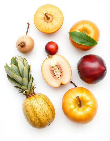 Various fruits isolated on white background. Flat lay, top view.の写真素材