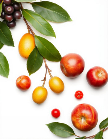 Fresh fruits with leaves and berries on white background, top view.