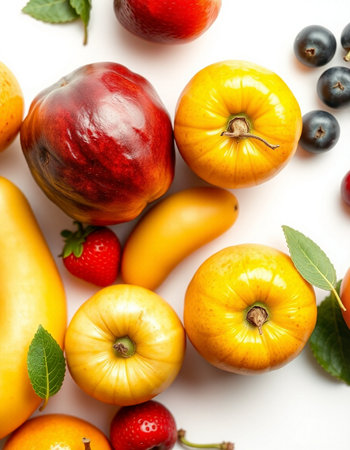 Fruits and vegetables on white background, top view. Healthy foodの写真素材