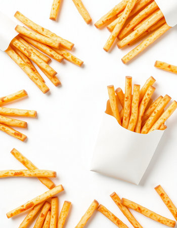 French fries in a paper box on a white background. Top viewの写真素材
