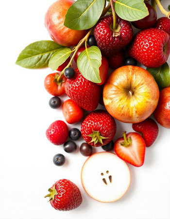 Fresh fruits and berries isolated on a white background. Top view.の写真素材