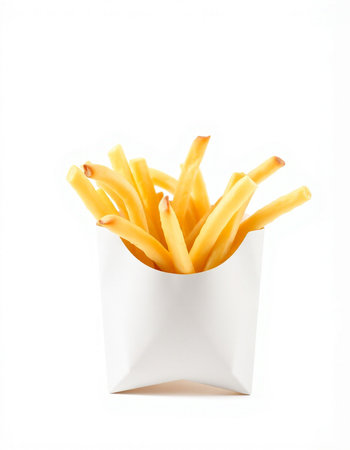 French fries in paper box isolated on white background. Close up.