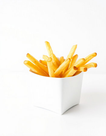 French fries in a white box on a white background. Selective focus.の写真素材