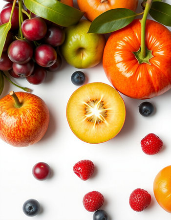 Fruits and berries on a white background. Top view, flat layの写真素材