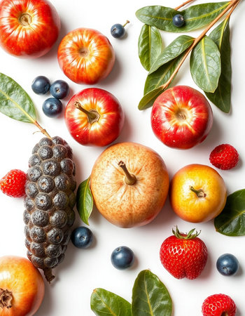 Fruits and berries on white background. Flat lay, top viewの写真素材