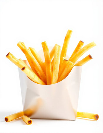 French fries in a paper box on a white background.