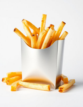 French fries in paper box on white background. Selective focus.