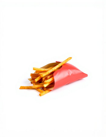 French fries in a red package on a white background. Isolate