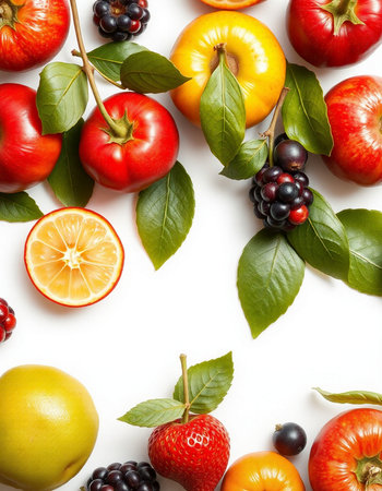 Fruits and vegetables on white background. Flat lay, top viewの写真素材