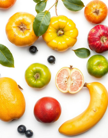 Fruits and vegetables on a white background. Flat lay, top view