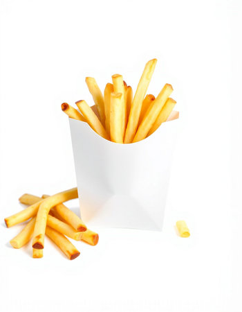 French fries in paper box isolated on white background. Selective focus.