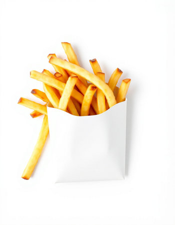 French fries in white paper box isolated on white background. Top view.