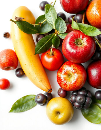 Fresh fruits and vegetables on white background. Healthy food concept. Top view.