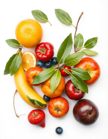 Fruits and vegetables on a white background. Healthy food concept.