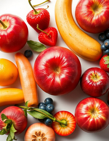 Fruits and vegetables on a white background. Healthy food concept.の写真素材