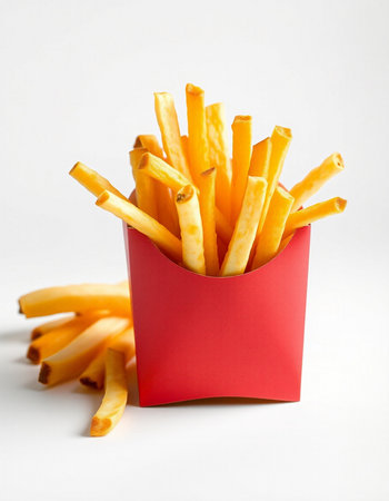 French fries in a red box on a white background, fast food