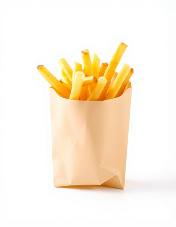 French fries in paper bag isolated on white background.の写真素材