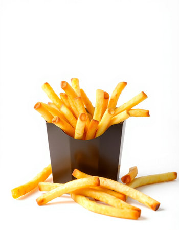 French fries in a black box on a white background. Isolated