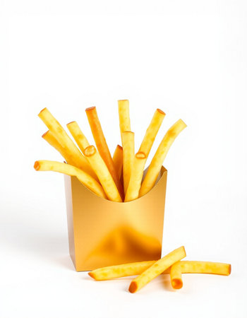 Golden french fries in a paper box isolated on a white background.の写真素材