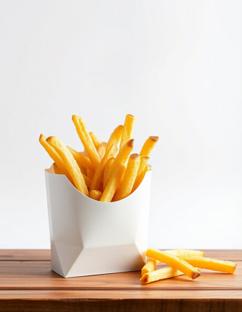 French fries in a white box on a wooden table against a white backgroundの写真素材