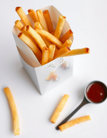 French fries in a paper box on a white background. Selective focus.