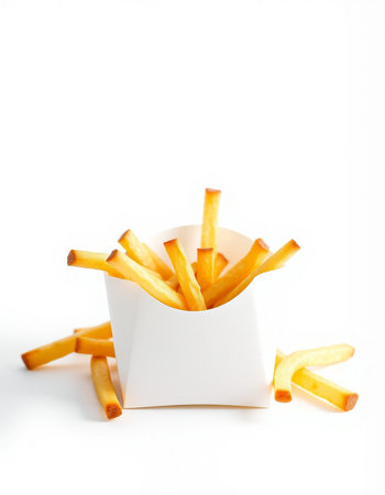 French fries in a white box on a white background. Isolated