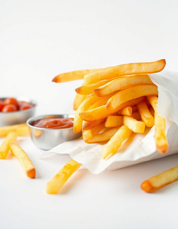 French fries in paper bag with ketchup and tomato on white background