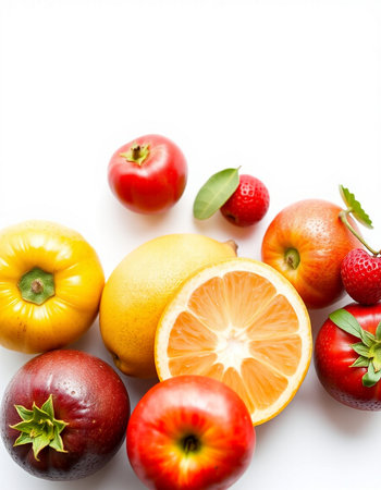 Fruits and vegetables isolated on white background. Healthy eating concept.の写真素材