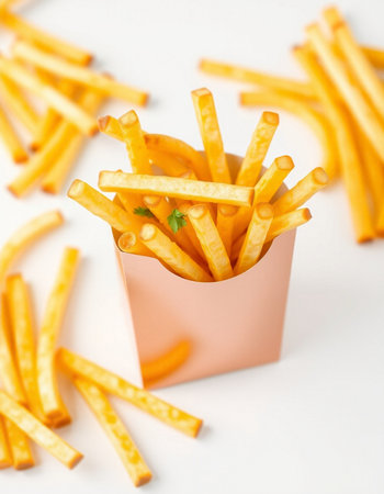 French fries in paper box on white background. Selective focus.の写真素材