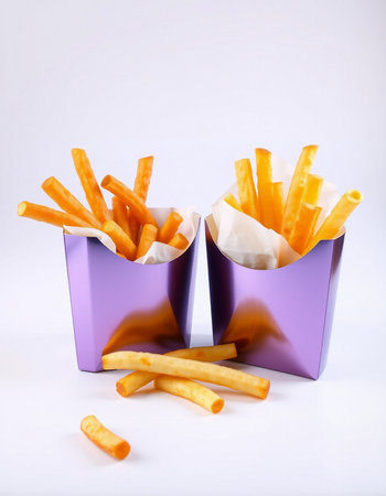 French fries in paper box on white background.の写真素材