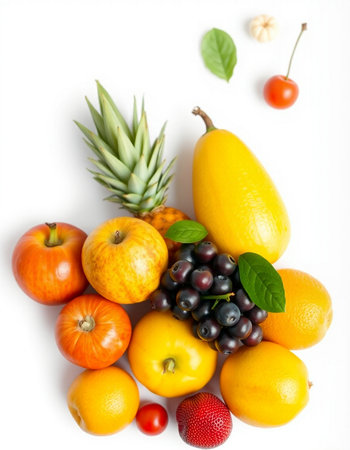 Fresh fruits isolated on white background. Healthy food concept. Top view.の写真素材