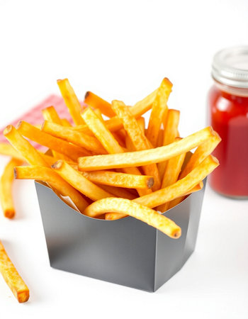 French fries in paper box with tomato sauce on white background, selective focus