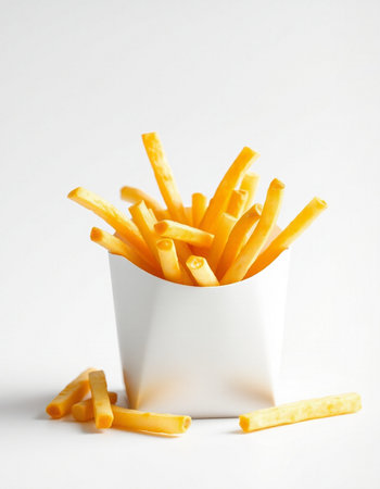 French fries in a white box on a white background. Fast food.