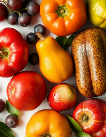 Fresh fruits and vegetables on a white background. Healthy food concept.の写真素材