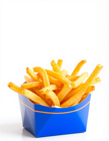 French fries in a blue box on a white background. Isolated
