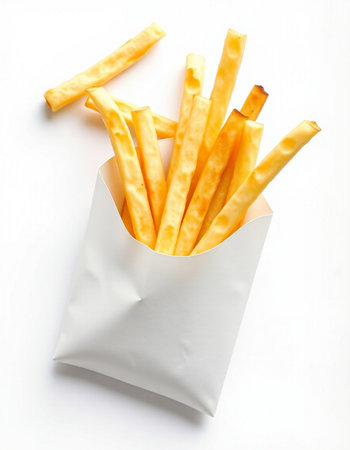 French fries in paper bag isolated on white background. Top view.