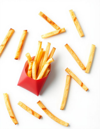 French fries in a red box on a white background, top view