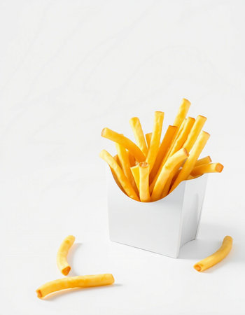 French fries in a white box on a white background with copy space