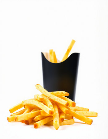 French fries in black plastic box on white background. Selective focus.