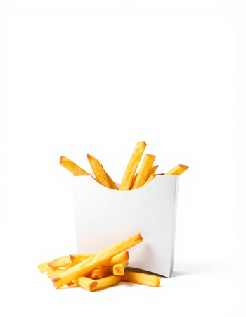 French fries in a paper box on a white background. Fast food.