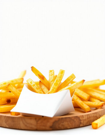 Golden French fries potatoes on wooden plate with white background, close up