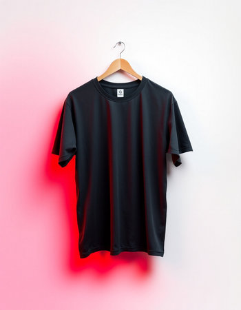 Black t-shirt hanging on a hangerの写真素材
