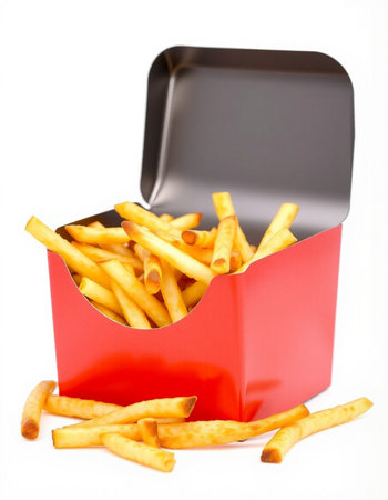 French fries in a red box on a white background.の写真素材