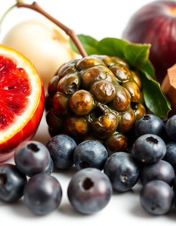 Mixed fruits and berries on a white background, close-up