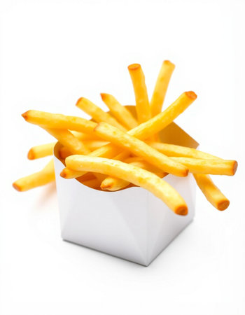 French fries in a white box on a white background. Isolated